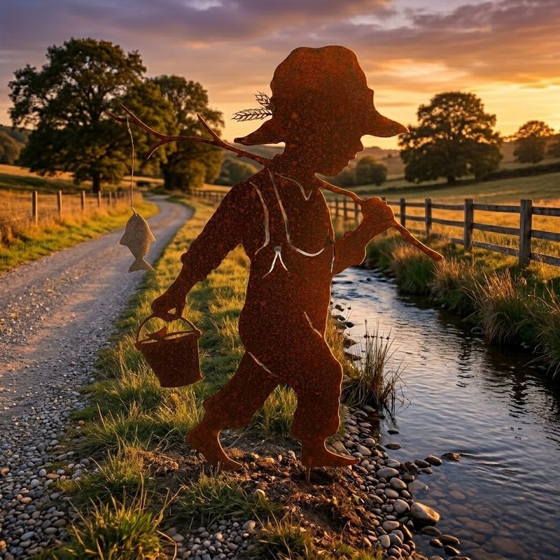 Boy w/Stick Fishing Rod &amp; Bucket Aust Metal Art
