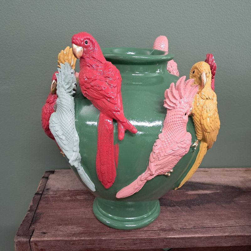 Cello Green W/Parrots Bird Vase