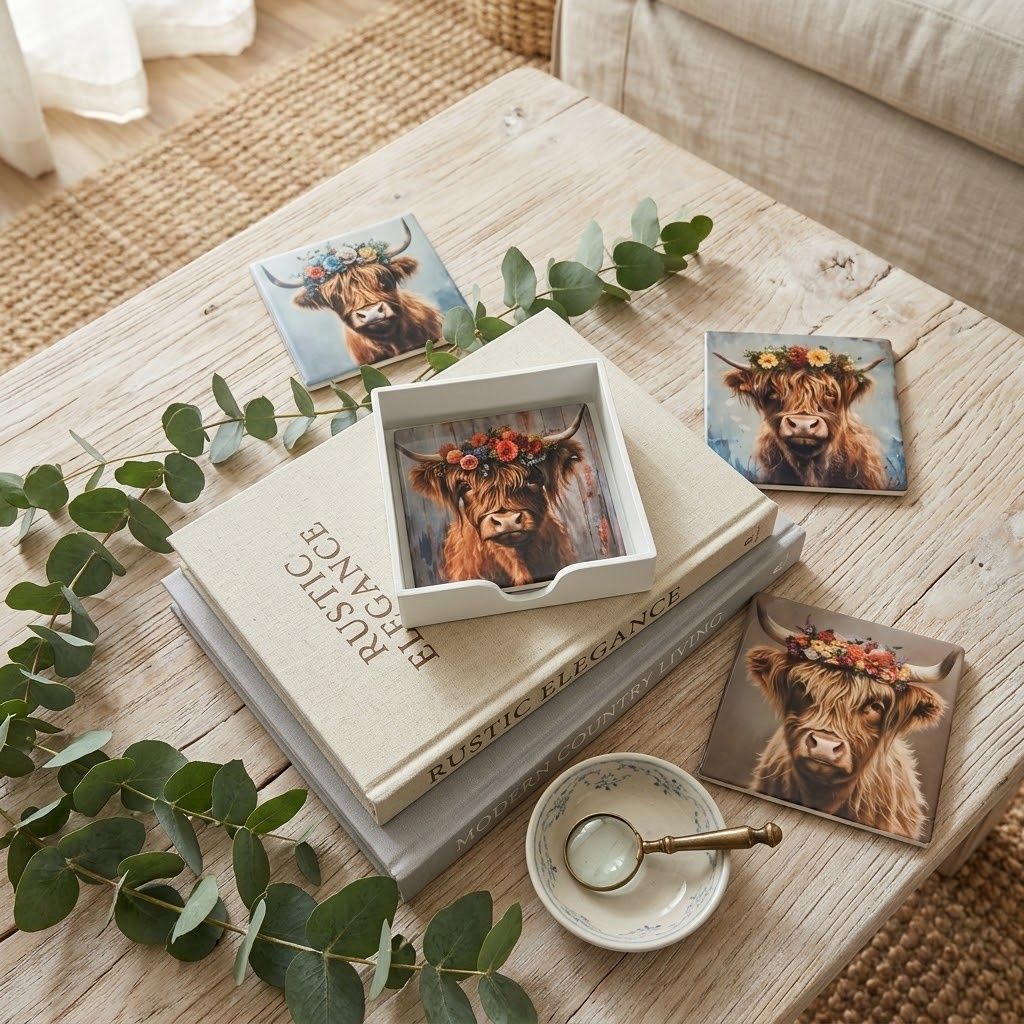 Highland Cow w/Flowers Coasters S/4