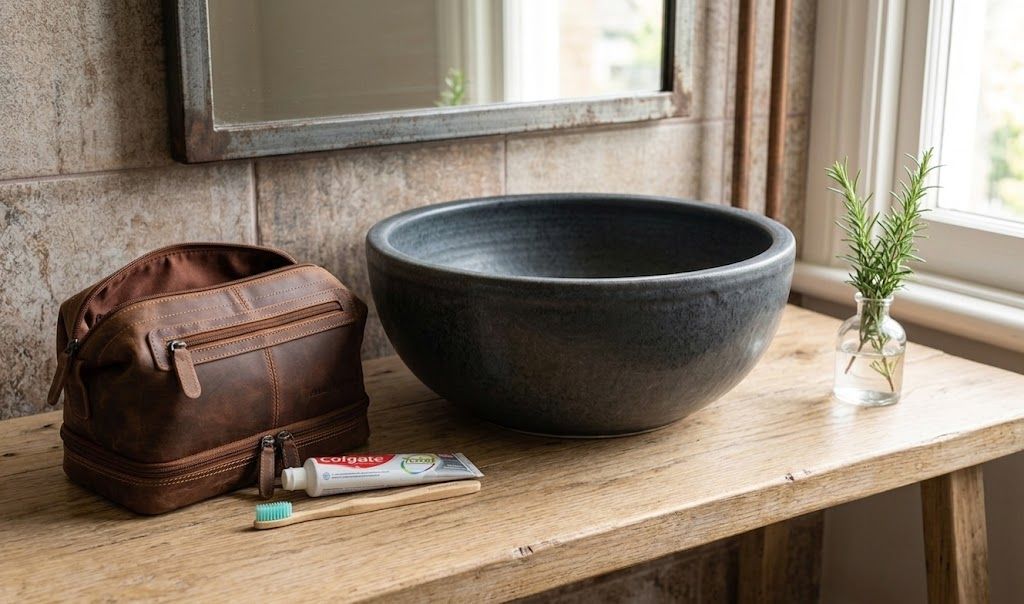 Leather Toiletry Bag w toothbrush/paste storage, Colour: Sorghum