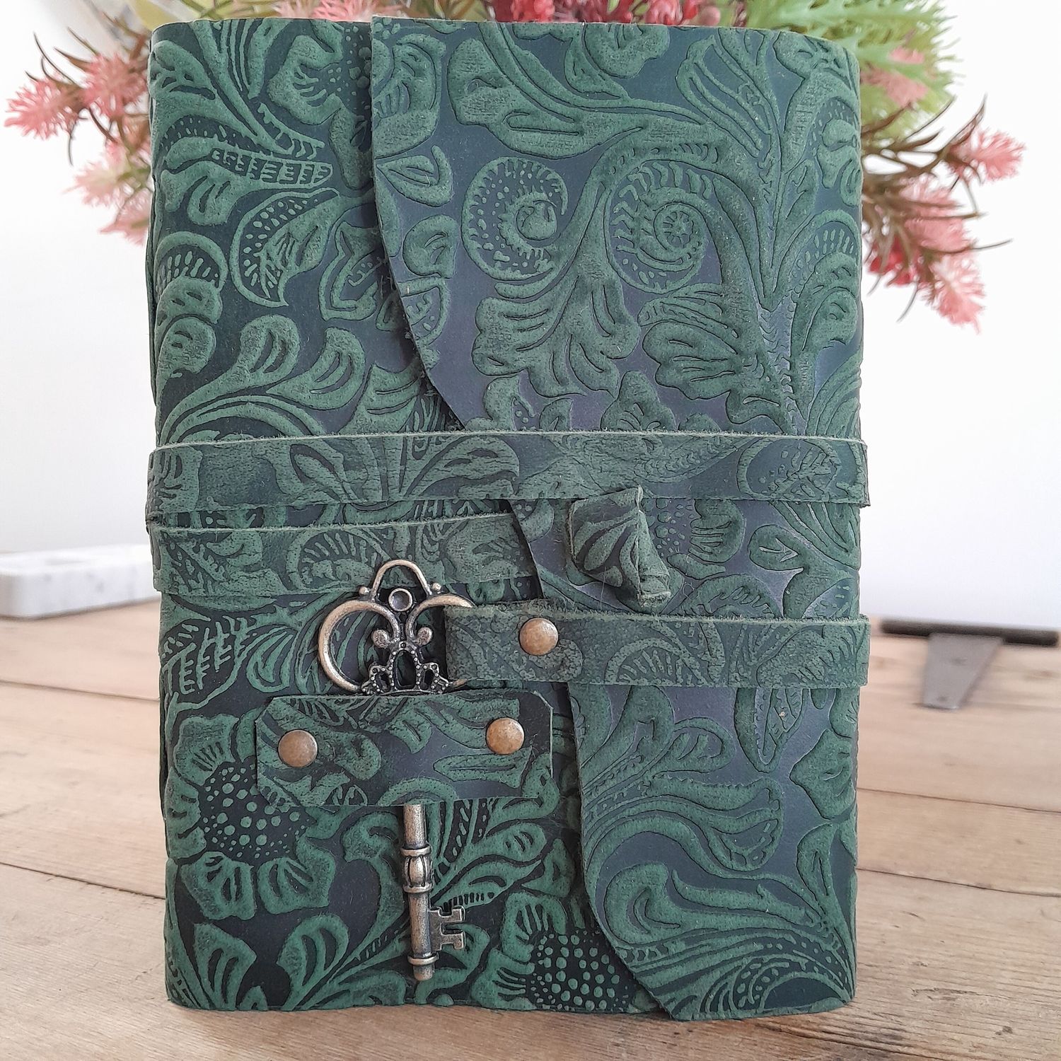 Tooled Flowers Leather Journal, Colour: Green