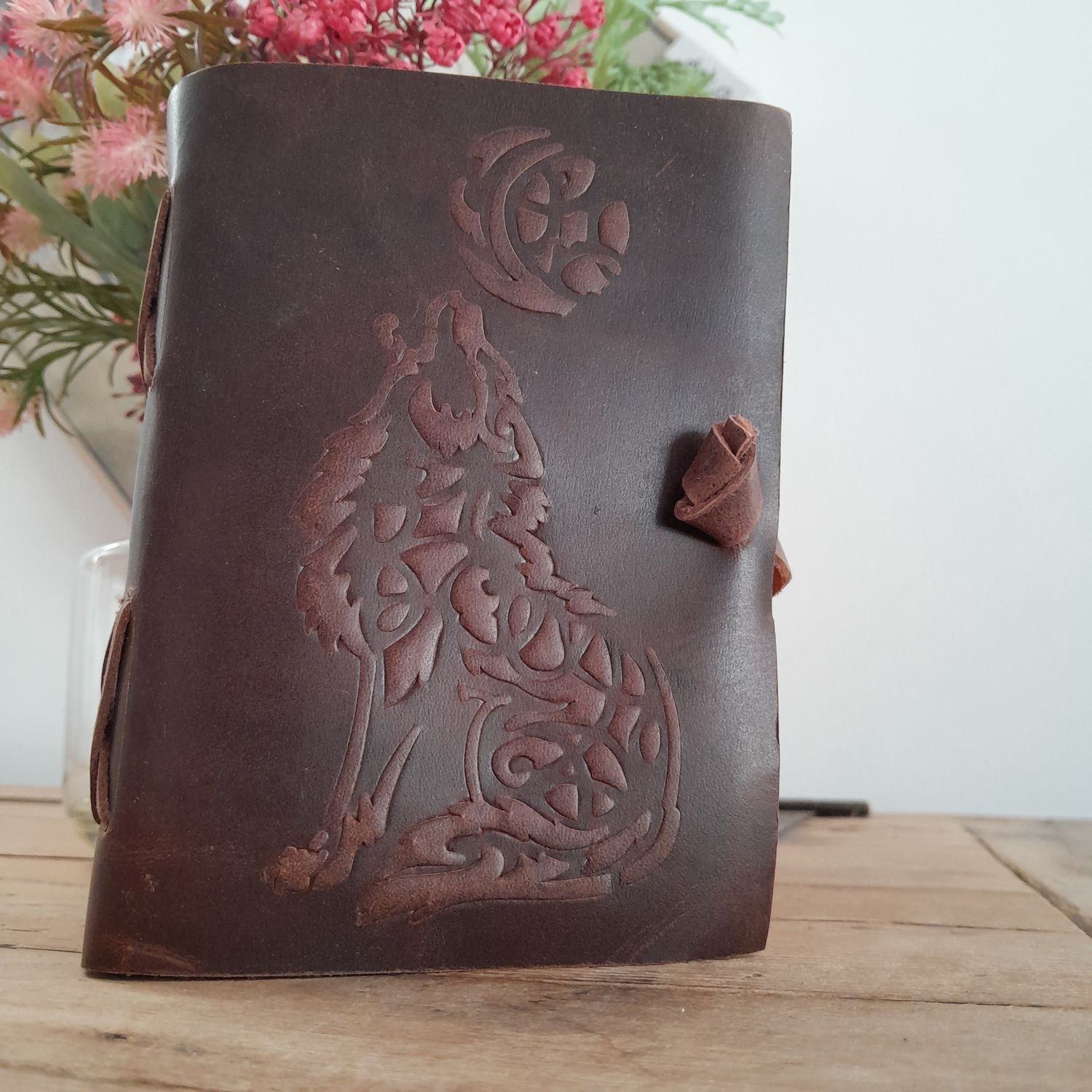 Tooled 'Wolf Howling at the Moon' Leather Journal