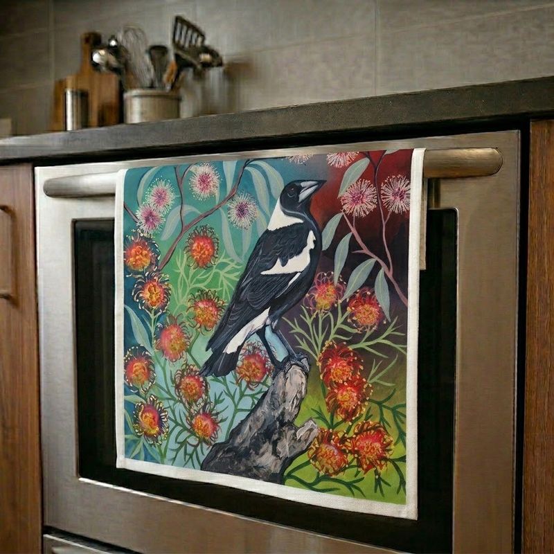 Magpie amongst The Gum Cotton Tea Towel