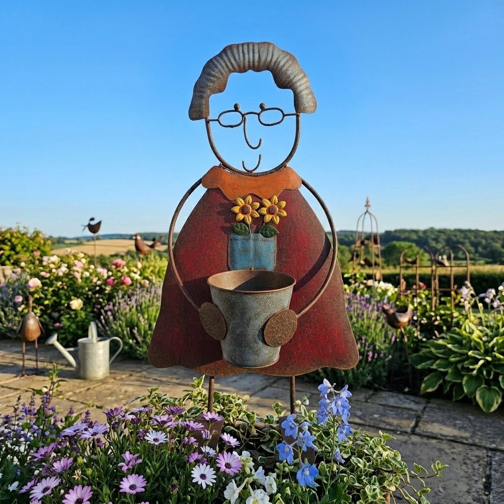 Colourful Nanna w/Flower Pot Metal Art