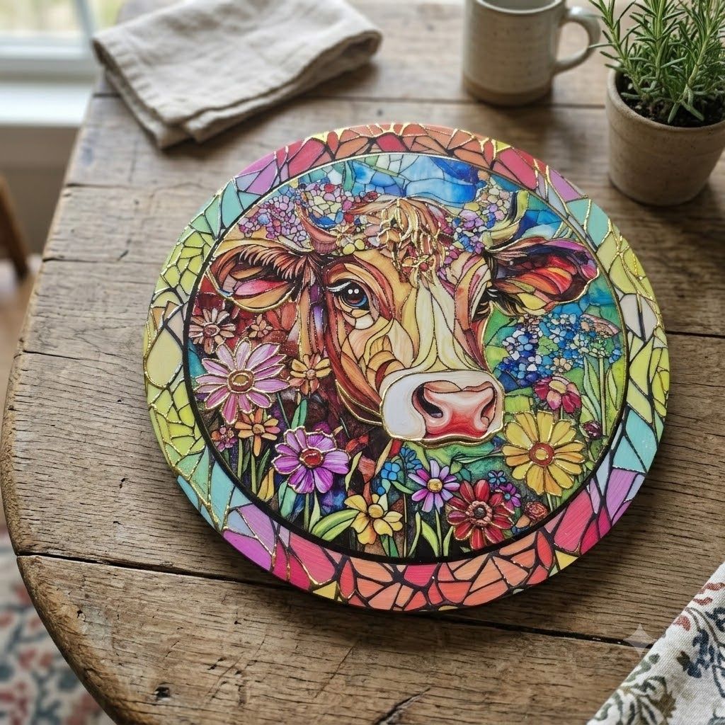 Jericho Ceramic Round Tan Cow Trivet