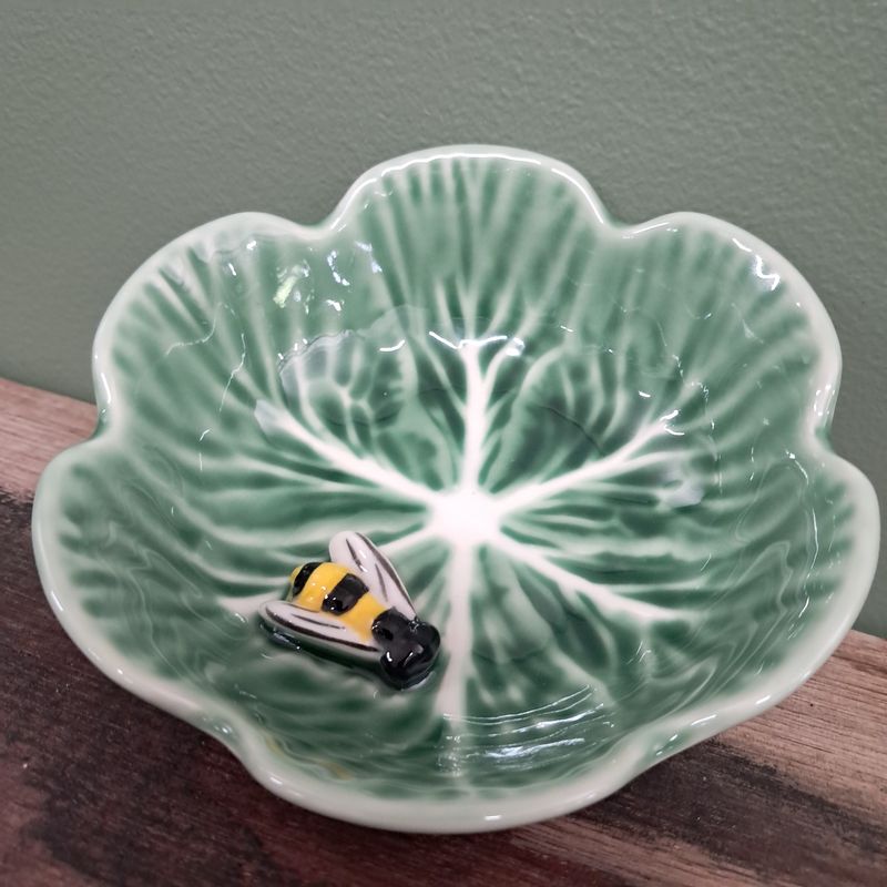 Abeille Cabbage Leaf w/Bee Ceramic Trinket Bowl