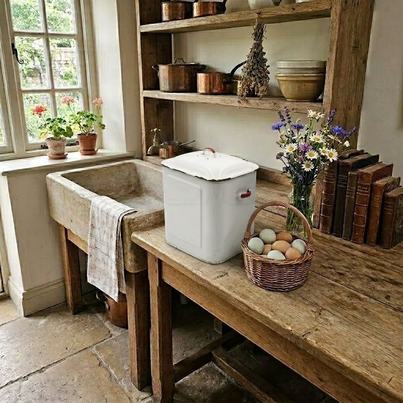Vintage Enamel Bread Bin White w/Red