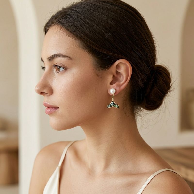 Freshwater Pearl Earrings with Mermaid Tail Gold Plated