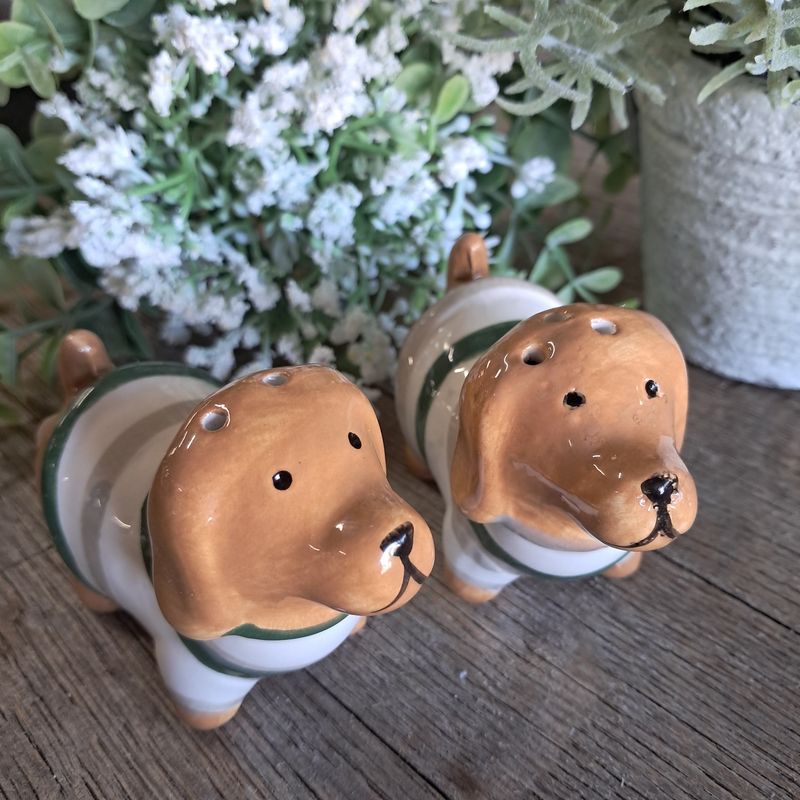 Dachshund Salt &amp; Pepper Shakers Brown &amp; Sage Stripes