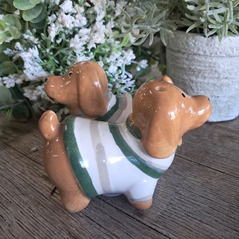 Dachshund Salt &amp; Pepper Shakers Brown &amp; Sage Stripes