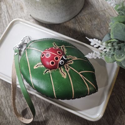 Red Ladybird on Leaf Leather Coin Purse