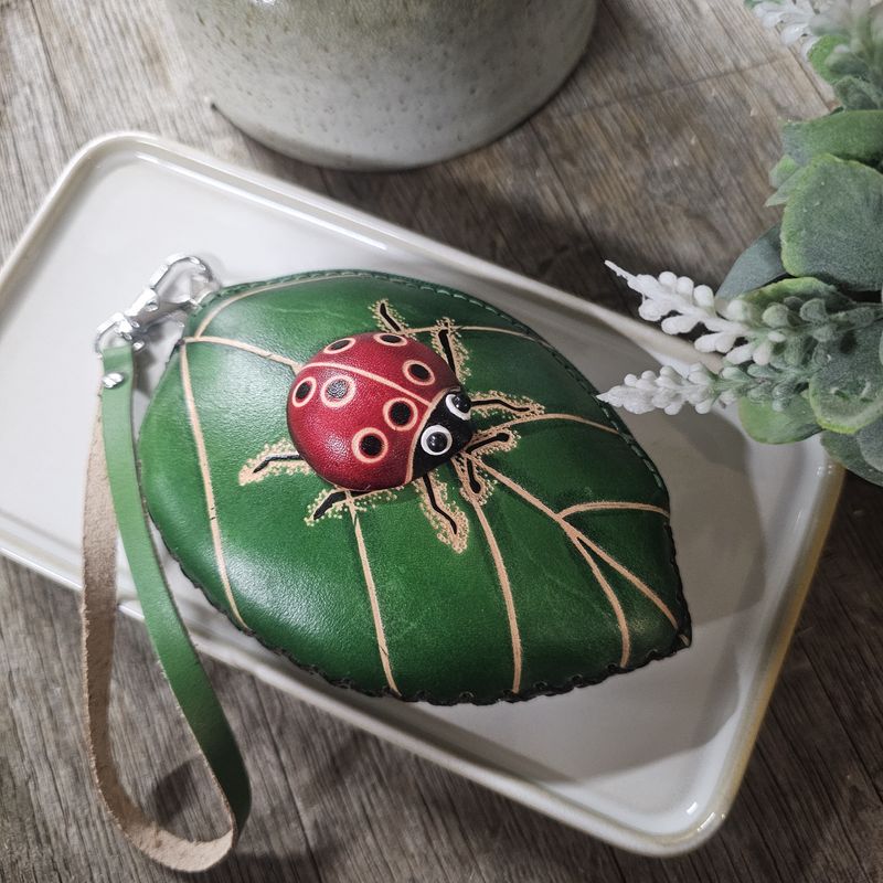 Red Ladybird on Leaf Leather Coin Purse