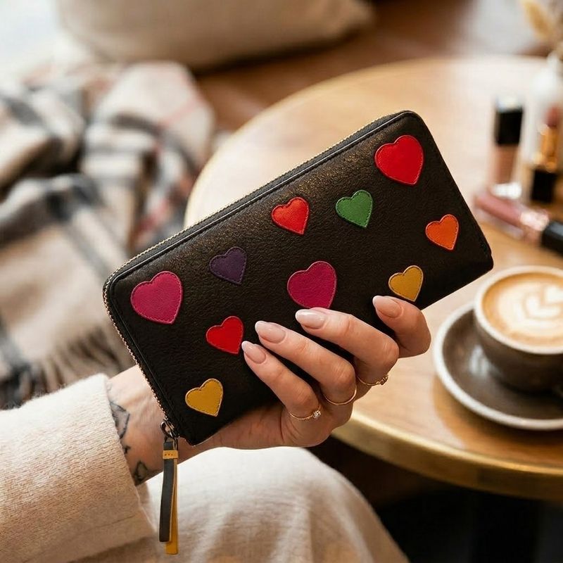 The Jeanette Coloured Hearts Zip Around Leather Wallet