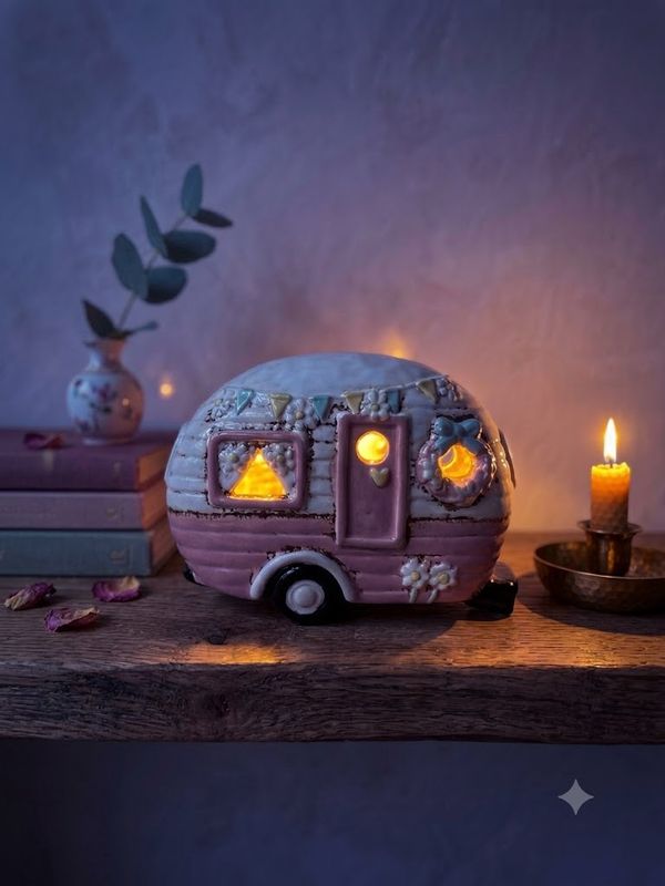 Vintage-Style Pink Ceramic Caravan - Tealight