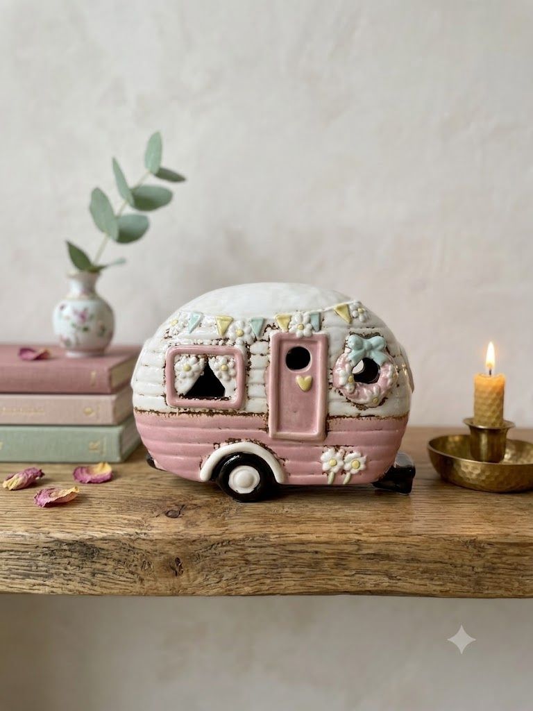 Vintage-Style Pink Ceramic Caravan - Tealight