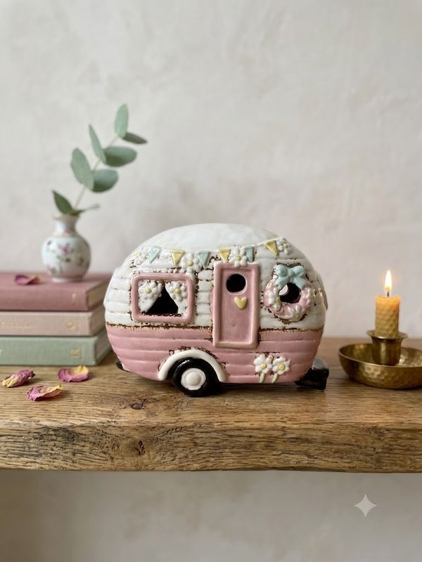 Vintage-Style Pink Ceramic Caravan - Tealight