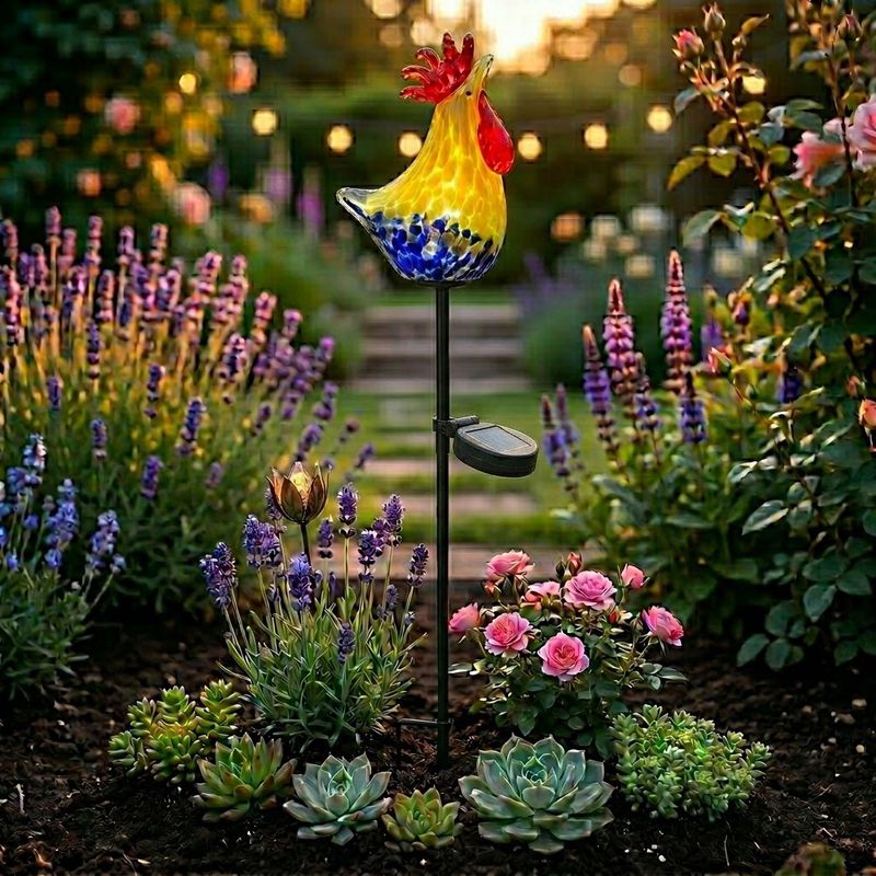 Solar Light Art Glass Rooster Garden Art