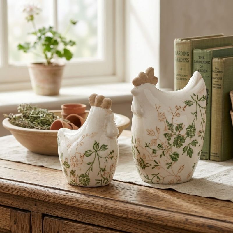Green Leaf Ceramic Chickens S/2