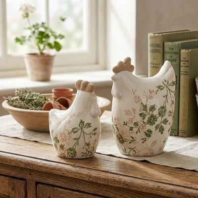 Green Leaf Ceramic Chickens S/2