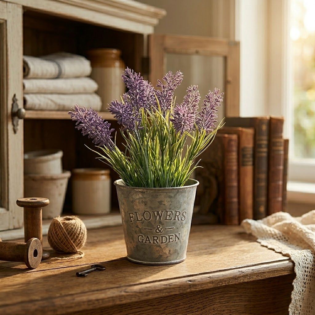 Lavender in Metal Flowers &amp; Garden Pot