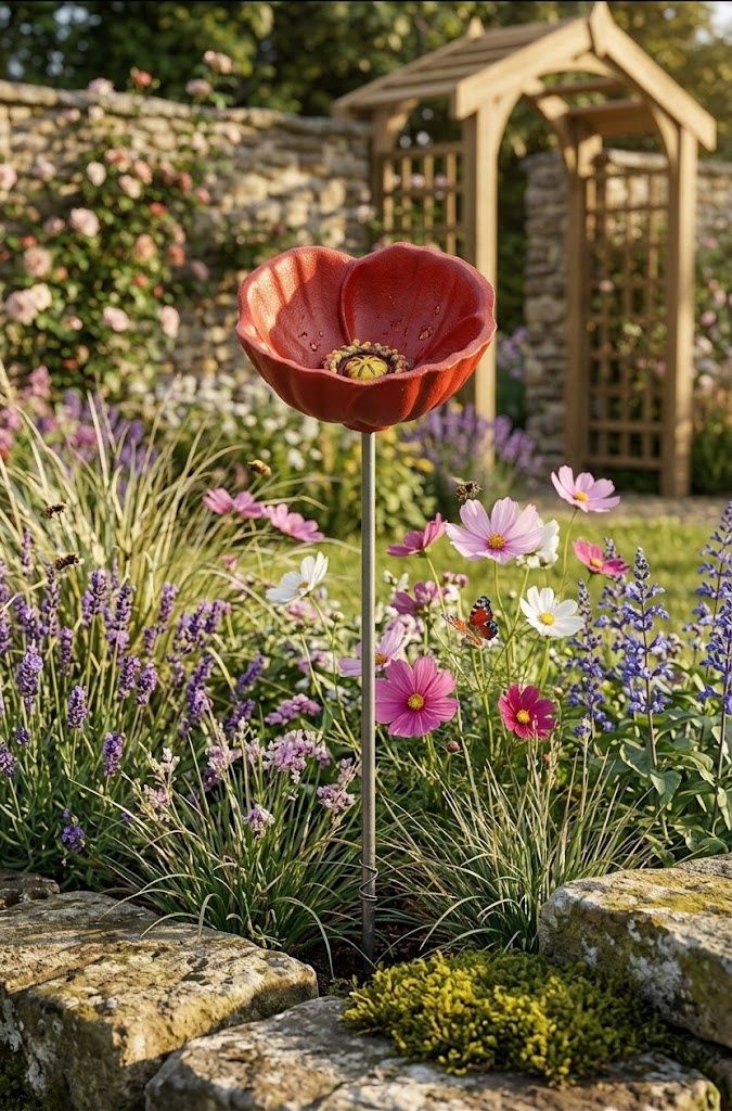 Red Cast Iron Poppy Flower on Stake