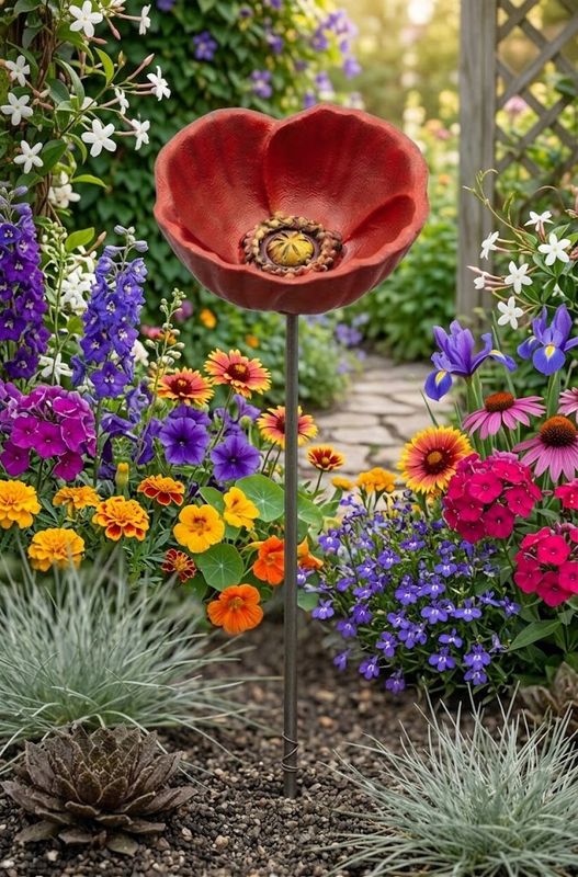 Red Cast Iron Poppy Flower on Stake