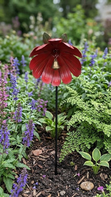 Red Bell Flower Stake Metal Art