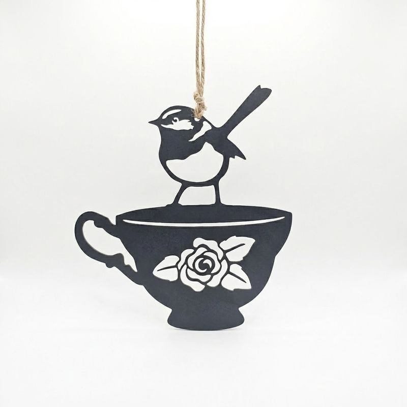 Wren on a Teacup Metal art Silhouette Australian Made