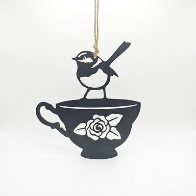 Wren on a Teacup Metal art Silhouette Australian Made