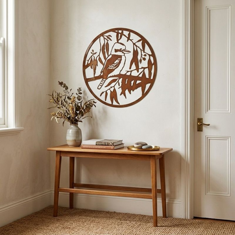Kookaburra in Gum Leaves Round Metal Art Australian