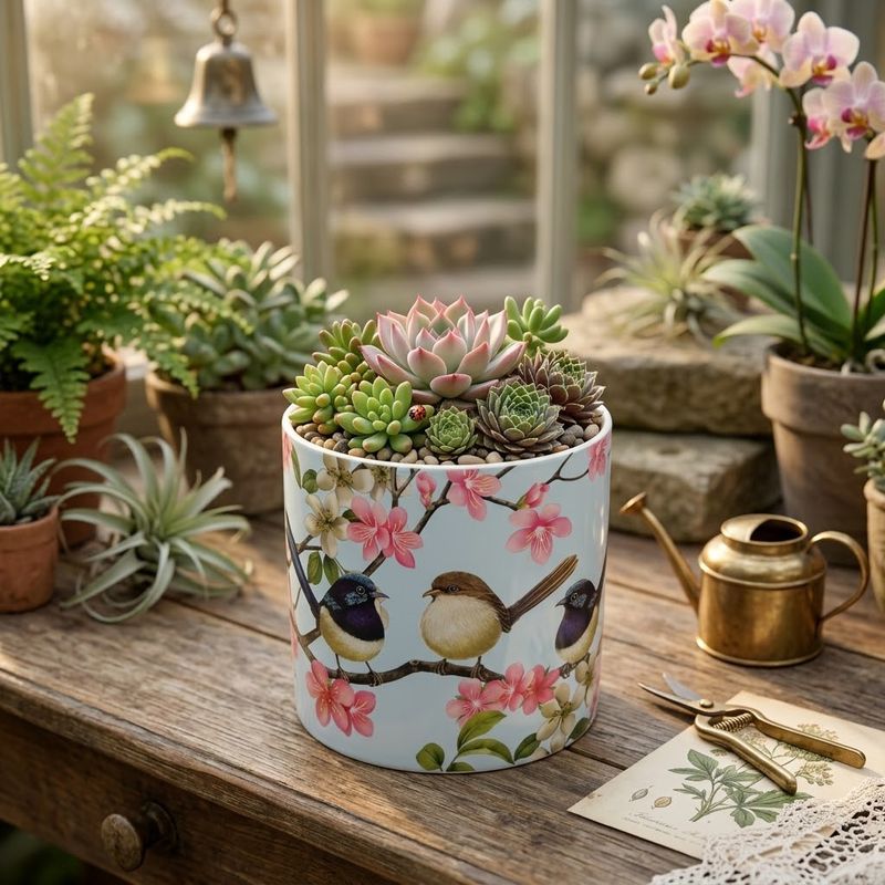 Blue Wren Bird Ceramic Planter Pot