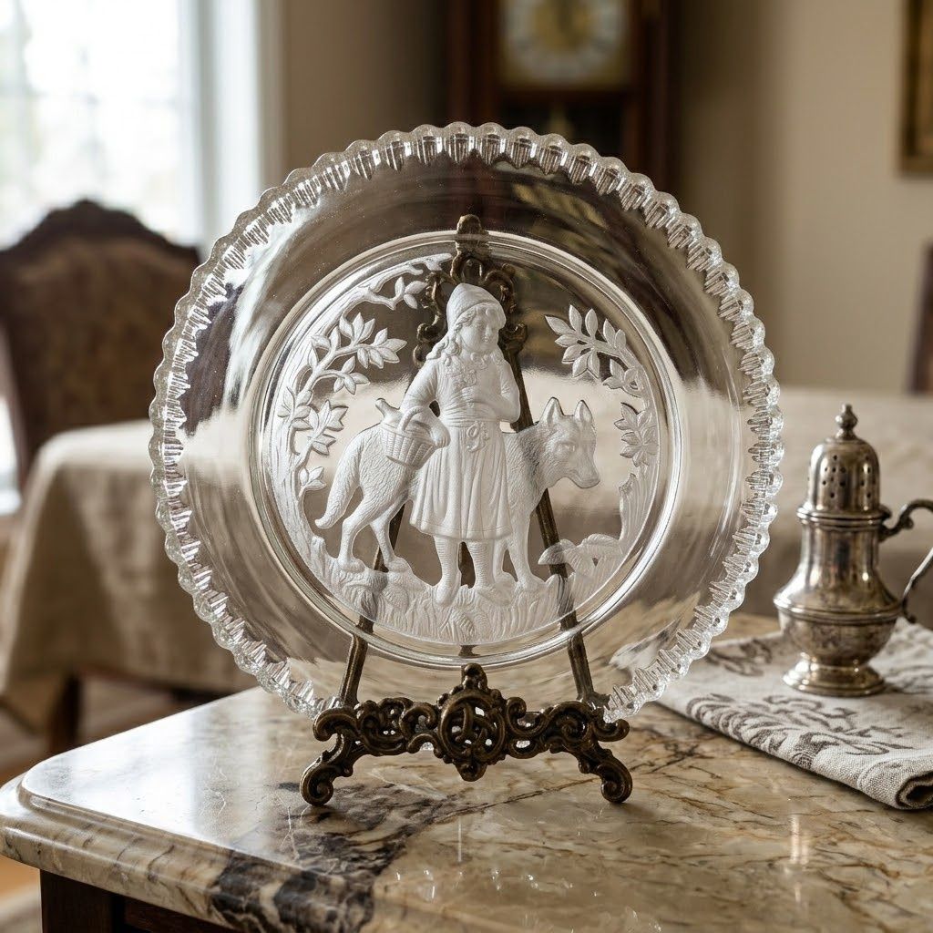 Antique Little Red Riding Hood &amp; Wolf Glass Plate