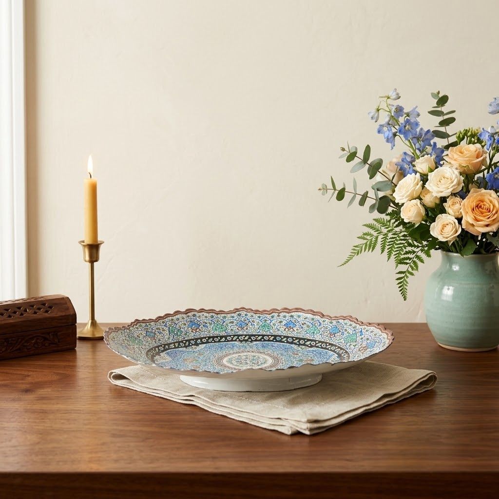 Minakari Enamel on Copper Platter w/Blue birds