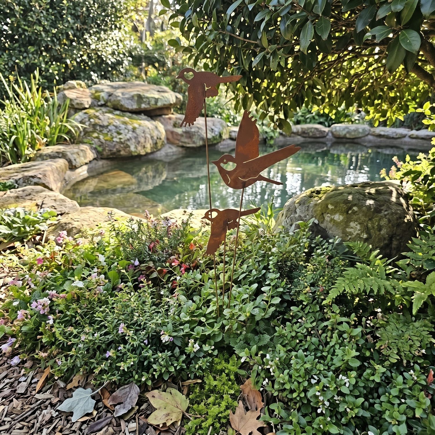 Fluttering Birds Set of 3 On Stake Metal Garden Decor