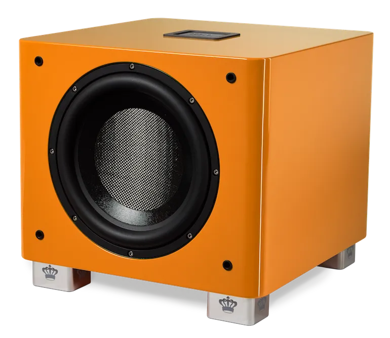 REL Subwoofer T/9X Special Edition 300 watts RMS Class A/B -6 dB at 27Hz , 10” CarbonGlas woofer uitgevoerd in hoogglans Tangerine Dream