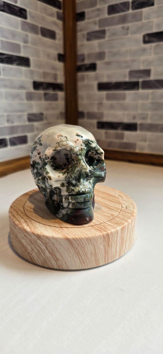 Moss Agate Skull Carving