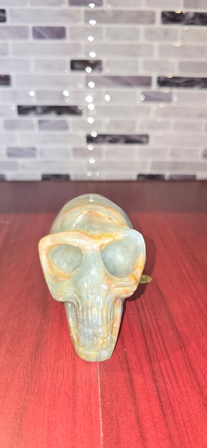 Blue Banded Calcite (Onyx) Alien Skull – 0.506kg