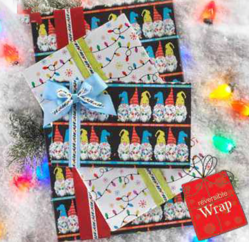 Merry &amp; Bright Gnomes Reversible Gift Wrap