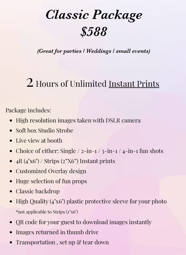 Classic Package (2 Hours Unlimited Prints)