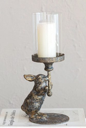 Metal Rabbit Candle Holder w/ Glass Hurricane