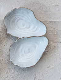 Stoneware Oyster Shell Shaped Dish w/ 2 Sections