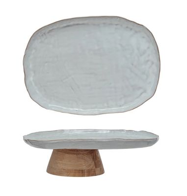 Stoneware Footed Pedestal w/Wood Base