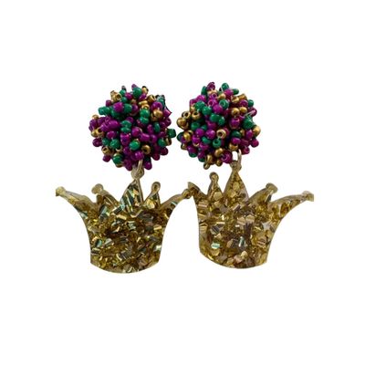 Mardi Gras Glitter Crown Beaded Earrings