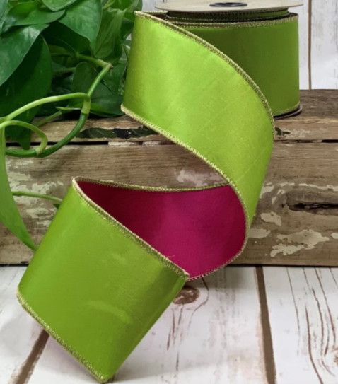 Hot Pink/Apple Green Taffeta Double Sided Ribbon