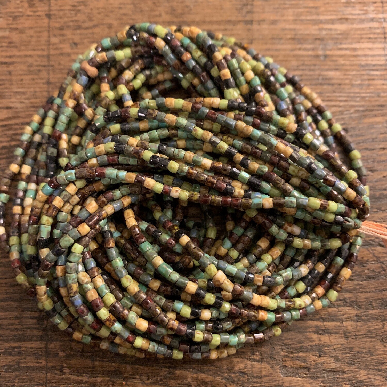 Czech &quot;Travertine Parquet&quot; Mix Size 9/0 Three-Cut Seed Bead Hank