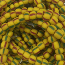 Czech &quot;Yellow w/ Red &amp; Green Matte&quot; Striped Seed Beads Size 2/0