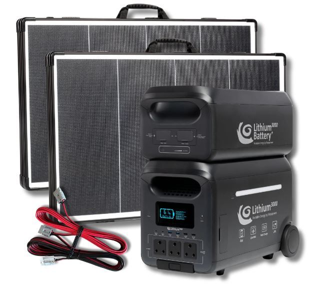 COMBO LITHIUM3000 WITH EXTRA BATTERY (5120WH/400AH), KALAHARI800W (2X400W), 20M EXTENSION CABLE - PLUG AND PLAY