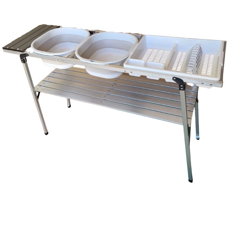 Camping fold flat aluminium double wash-up stand or table