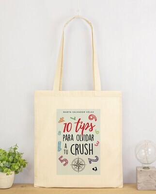 Bolsa natural de algodón con la portada de «10 tips para olvidar a tu crush».