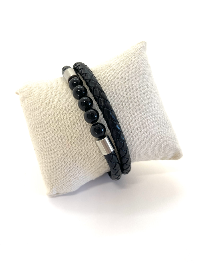 Bracelet cuir et Onyx Noir